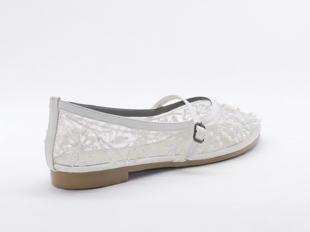 Women's Beaded Mesh Slip-On Ballerina — White​