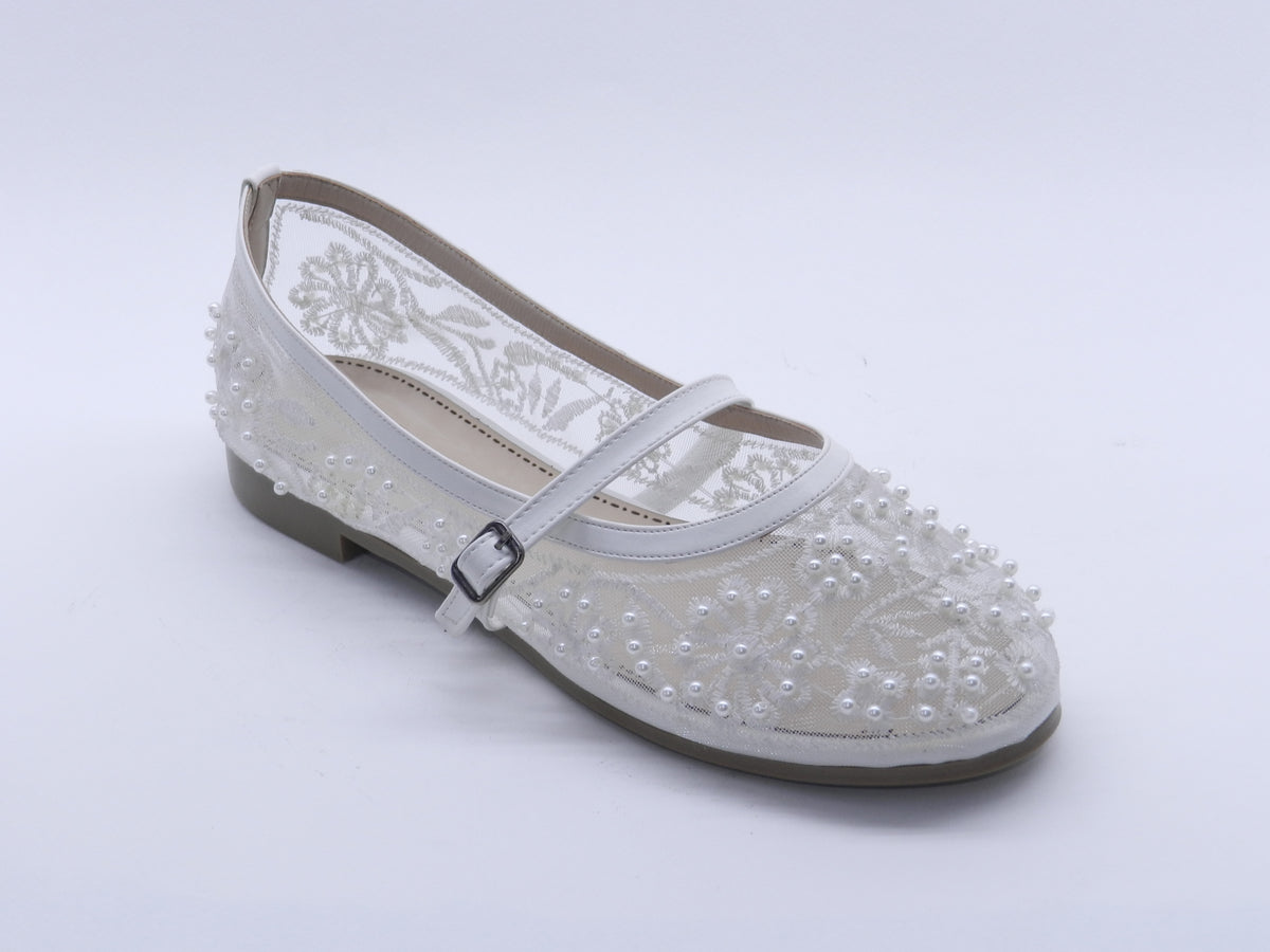 Women's Beaded Mesh Slip-On Ballerina — White
