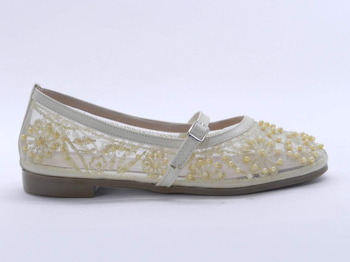 Women's Beaded Mesh Slip-On Ballerina — Beige