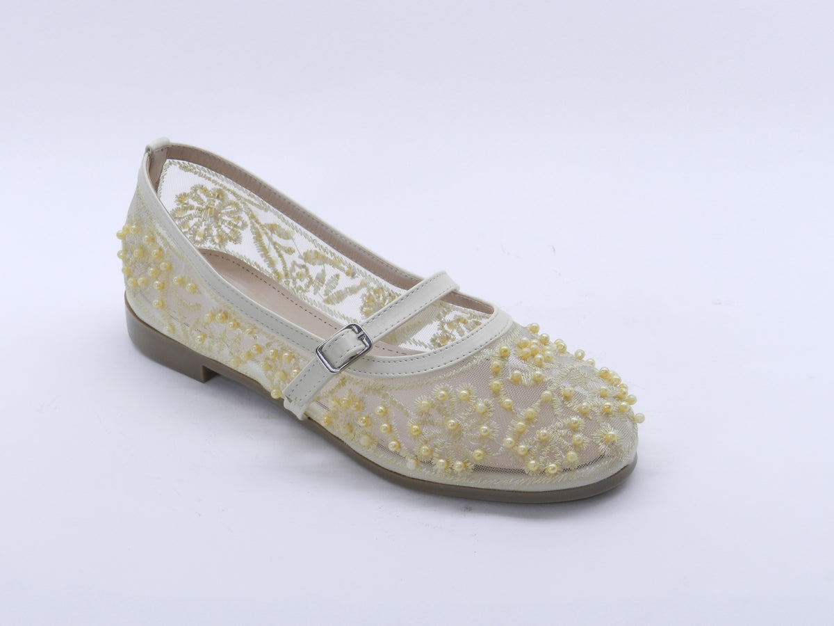 Women's Beaded Mesh Slip-On Ballerina — Beige