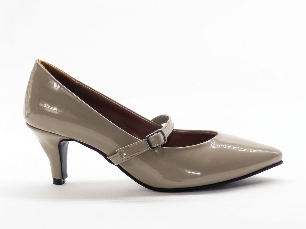 Women's Glossy Patent Mary Jane Mid Heel Pump — Patent Beige​