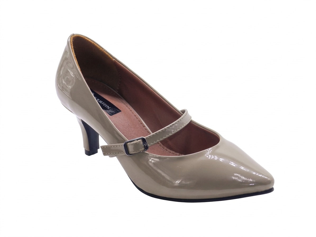 Women's Glossy Patent Mary Jane Mid Heel Pump — Patent Beige​