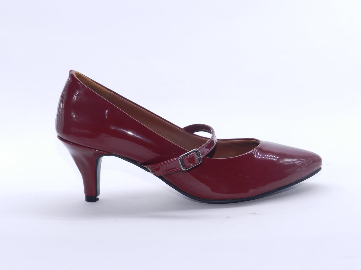 Women's Glossy Patent Mary Jane Mid Heel Pump — Patent Burgundy