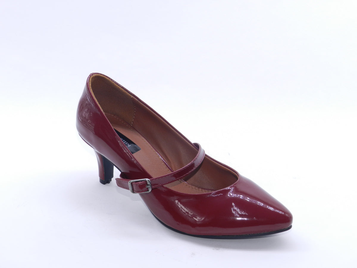 Women's Glossy Patent Mary Jane Mid Heel Pump — Patent Burgundy