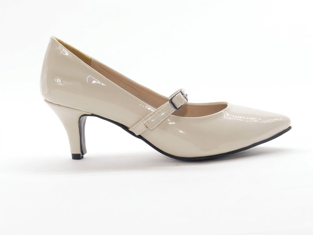 Women's Glossy Patent Mary Jane Mid Heel Pump — Patent Beige​