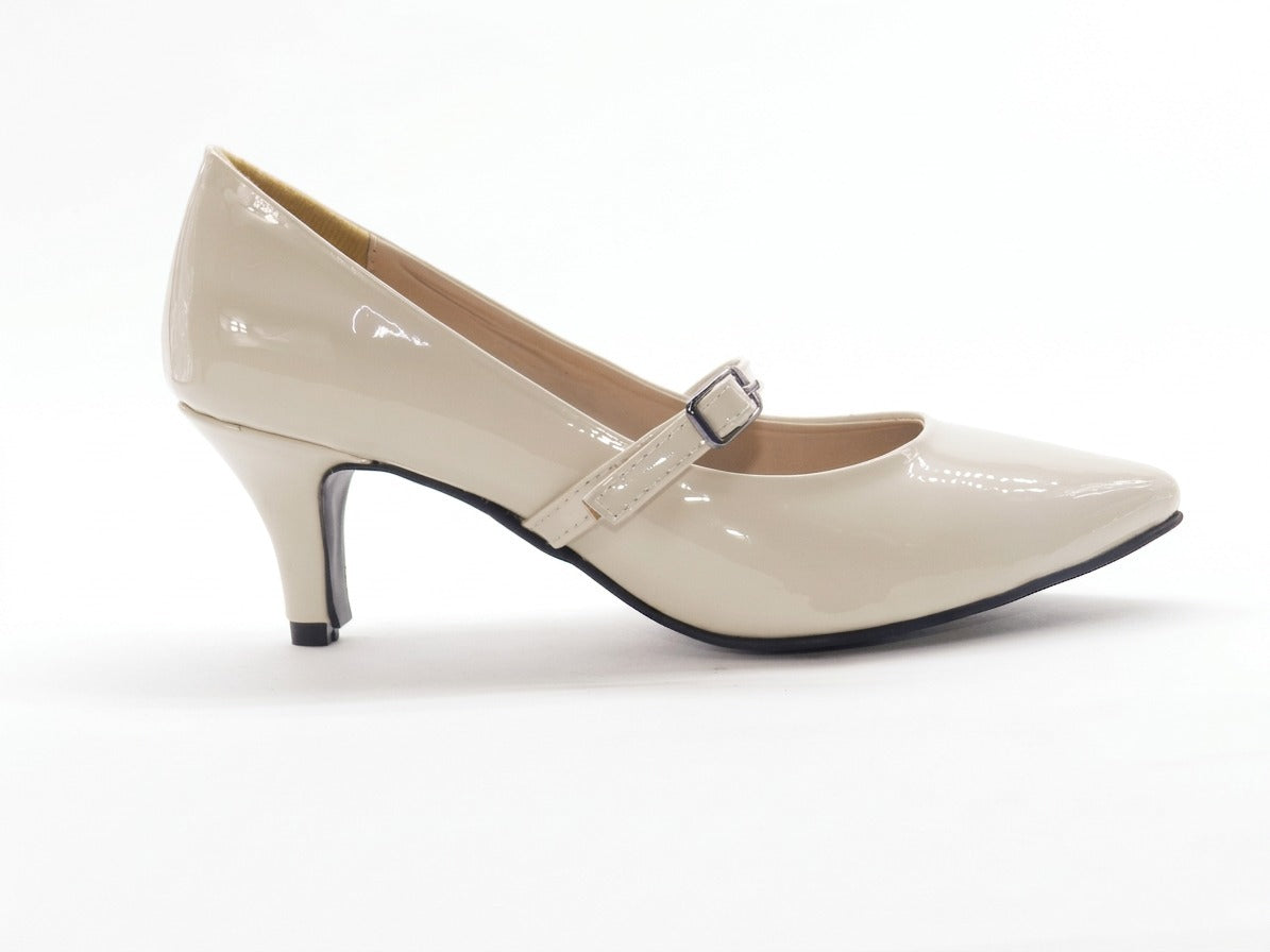 Women's Glossy Patent Mary Jane Mid Heel Pump — Patent Beige​