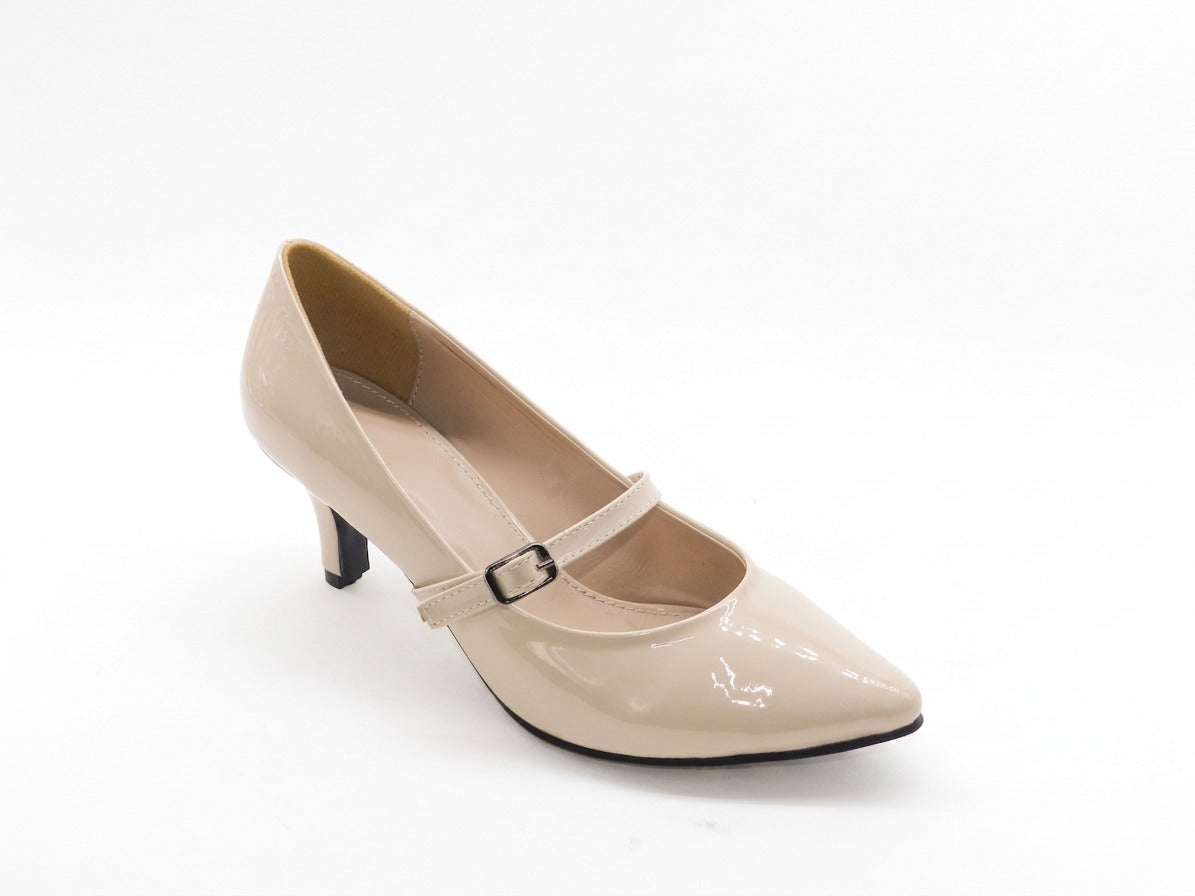 Women's Glossy Patent Mary Jane Mid Heel Pump — Patent Beige​