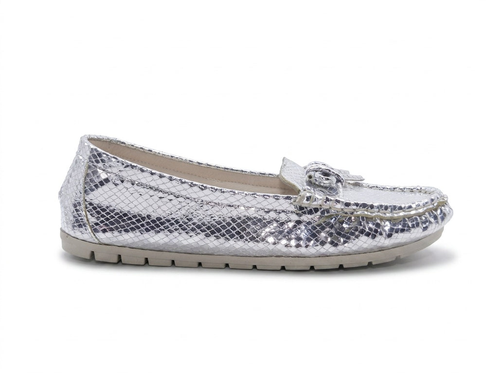 Women's Snake-Embossed Synthetic Flat Loafer — Lizard Silver​