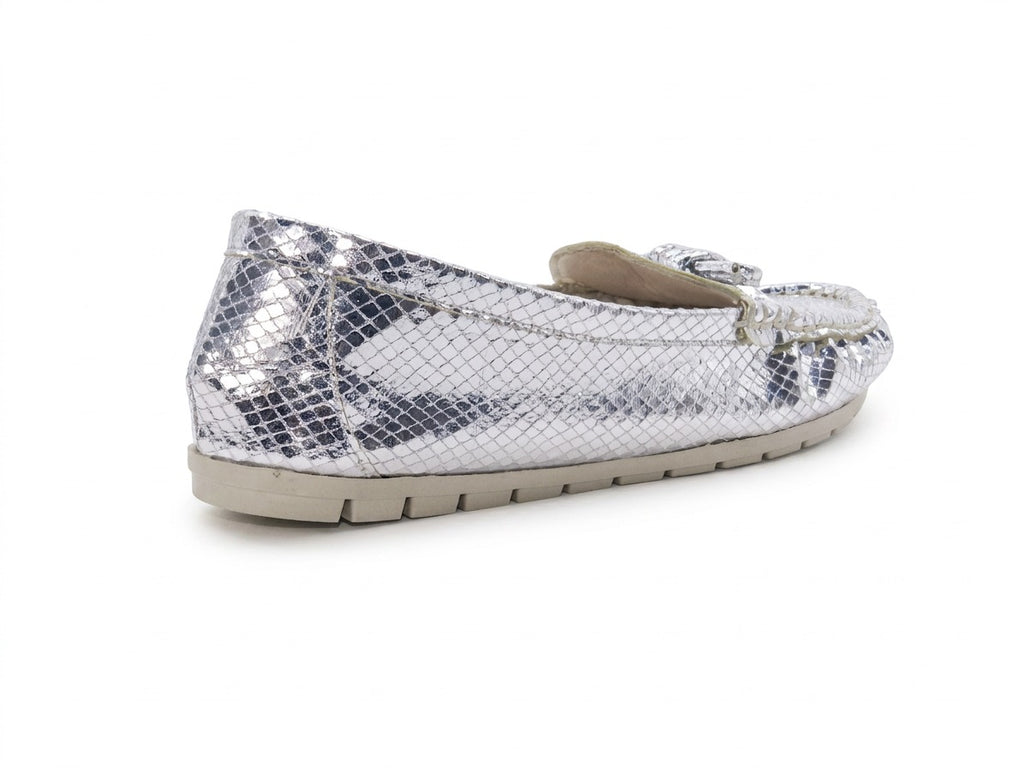 Women's Snake-Embossed Synthetic Flat Loafer — Lizard Silver​