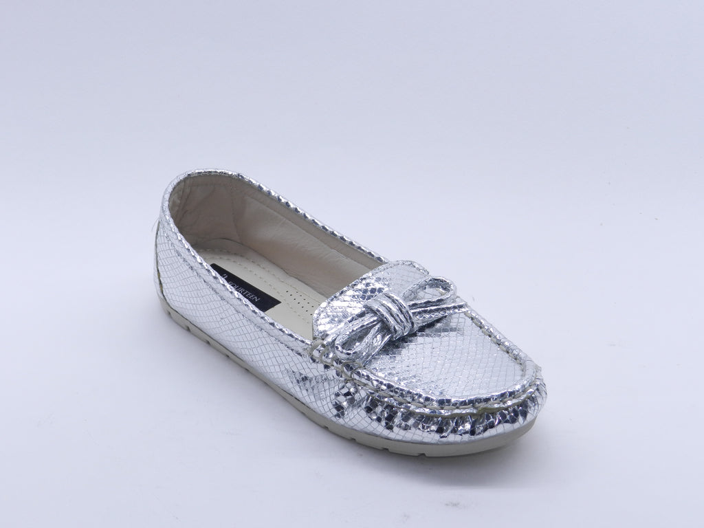 Women's Snake-Embossed Synthetic Flat Loafer — Lizard Silver