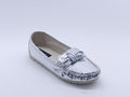 Women's Snake-Embossed Synthetic Flat Loafer — Lizard Silver