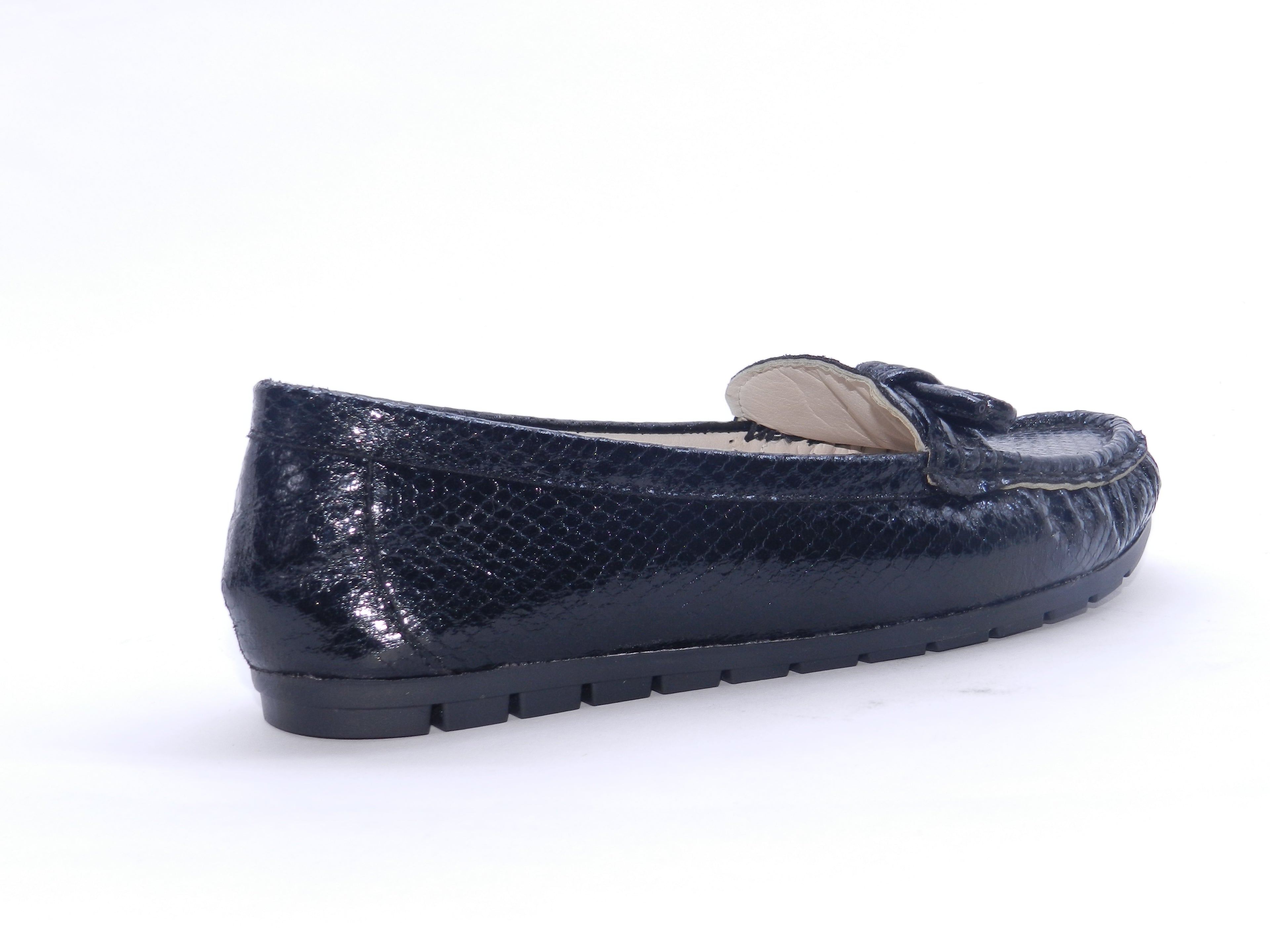 Women's Snake-Embossed Synthetic Flat Loafer — Lizard Black