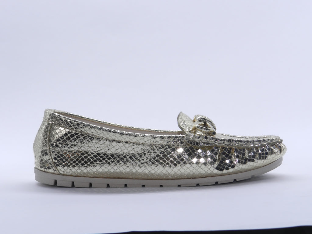 Women's Snake-Embossed Synthetic Flat Loafer — Lizard Gold