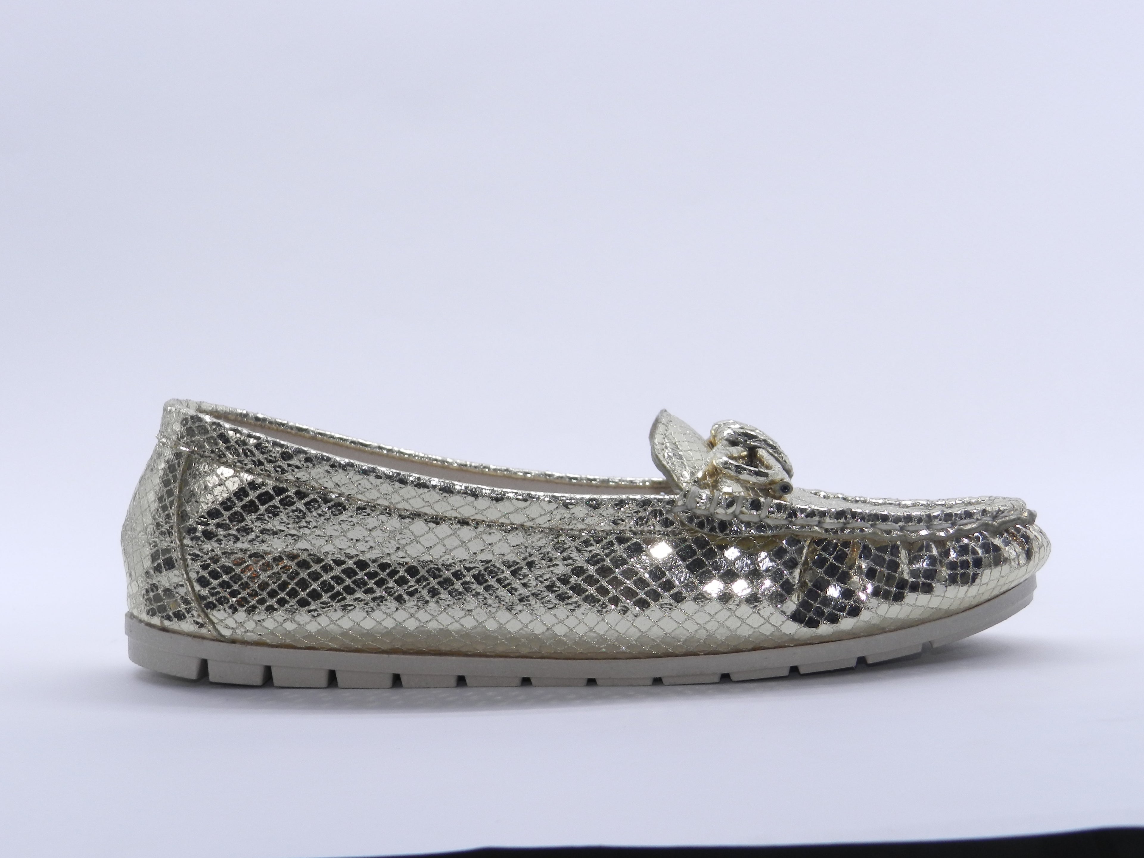 Women's Snake-Embossed Synthetic Flat Loafer — Lizard Gold