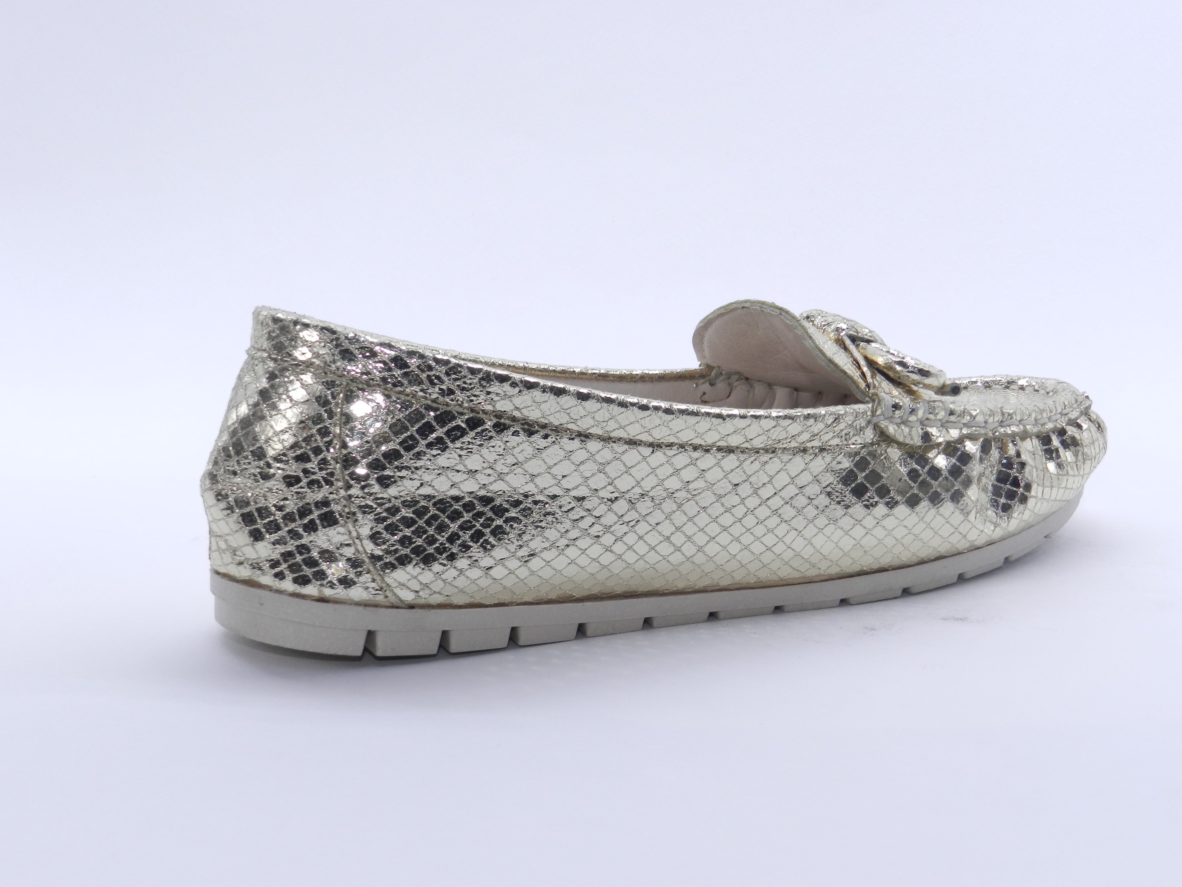 Women's Snake-Embossed Synthetic Flat Loafer — Lizard Gold
