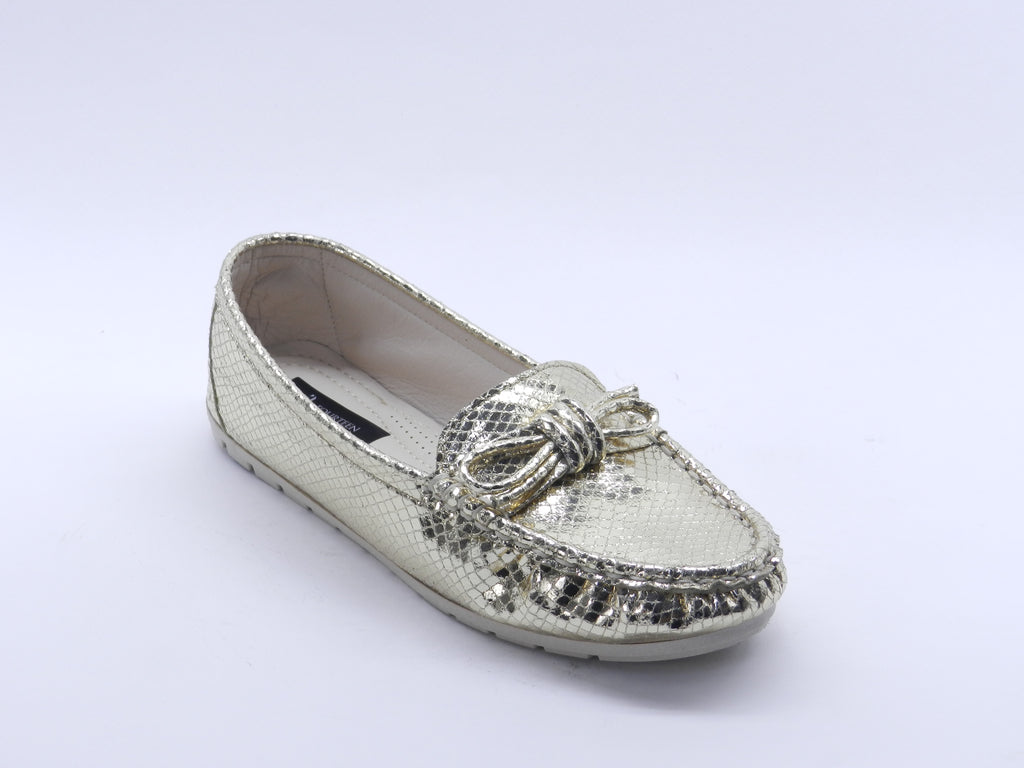 Women's Snake-Embossed Synthetic Flat Loafer — Lizard Gold