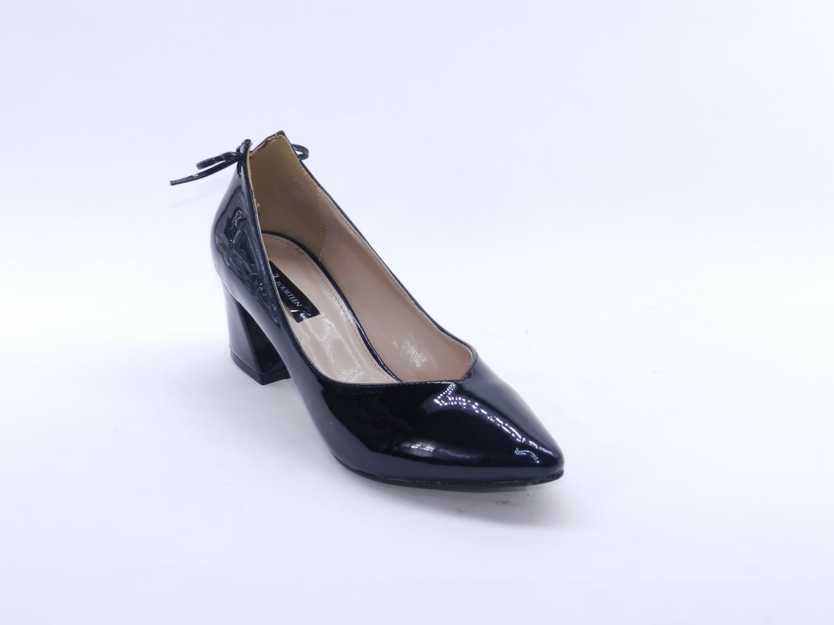 Women's Patent Faux Leather Block Heel Pumps — Beige