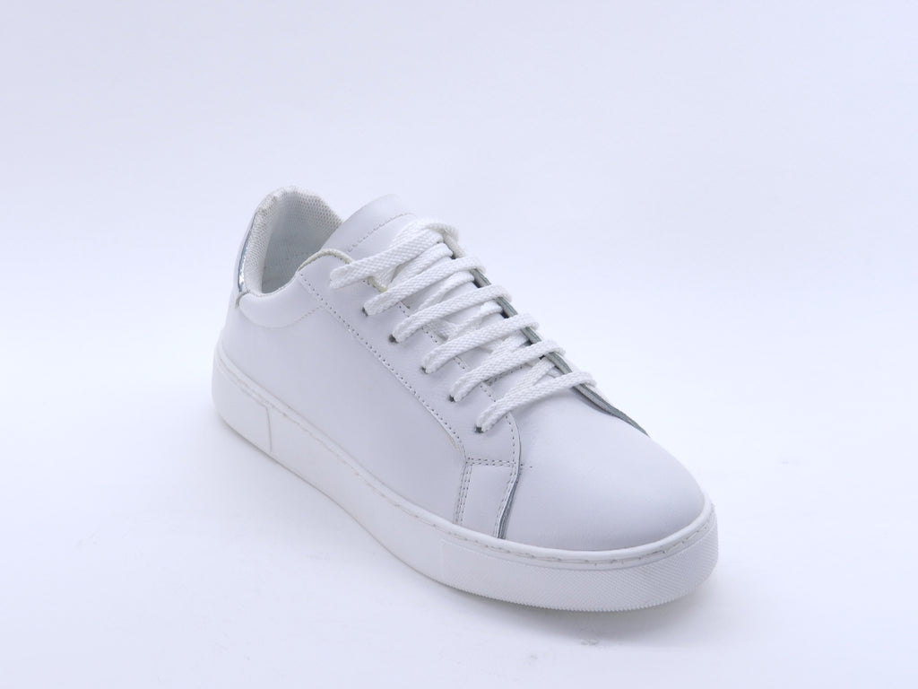 Women's Faux Leather Lace-Up Sneaker — White/Silver
