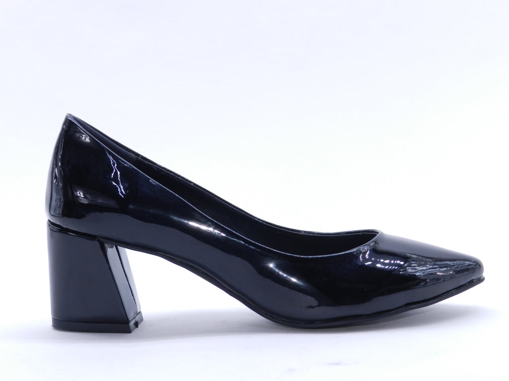 Women's Faux Leather Pointed Toe Block Heel Pump — Patent Black