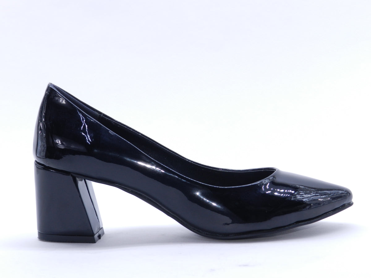 Women's Faux Leather Pointed Toe Block Heel Pump — Patent Black