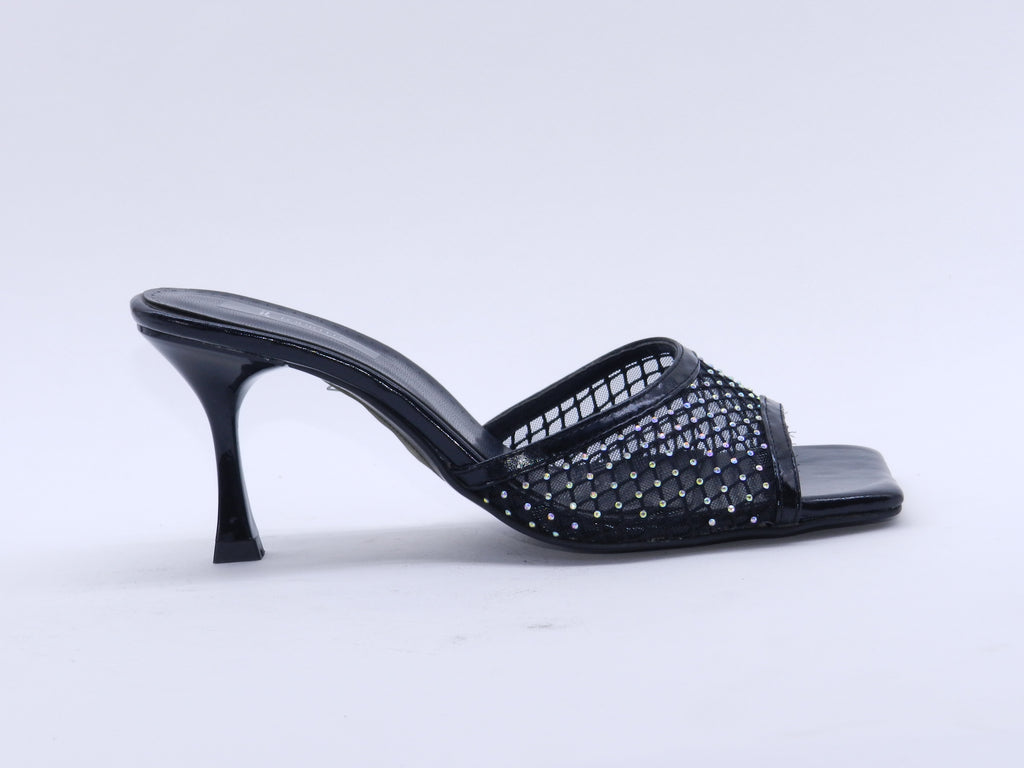 Women's Metallic Mesh Stiletto Heel Mule Slipper — Black