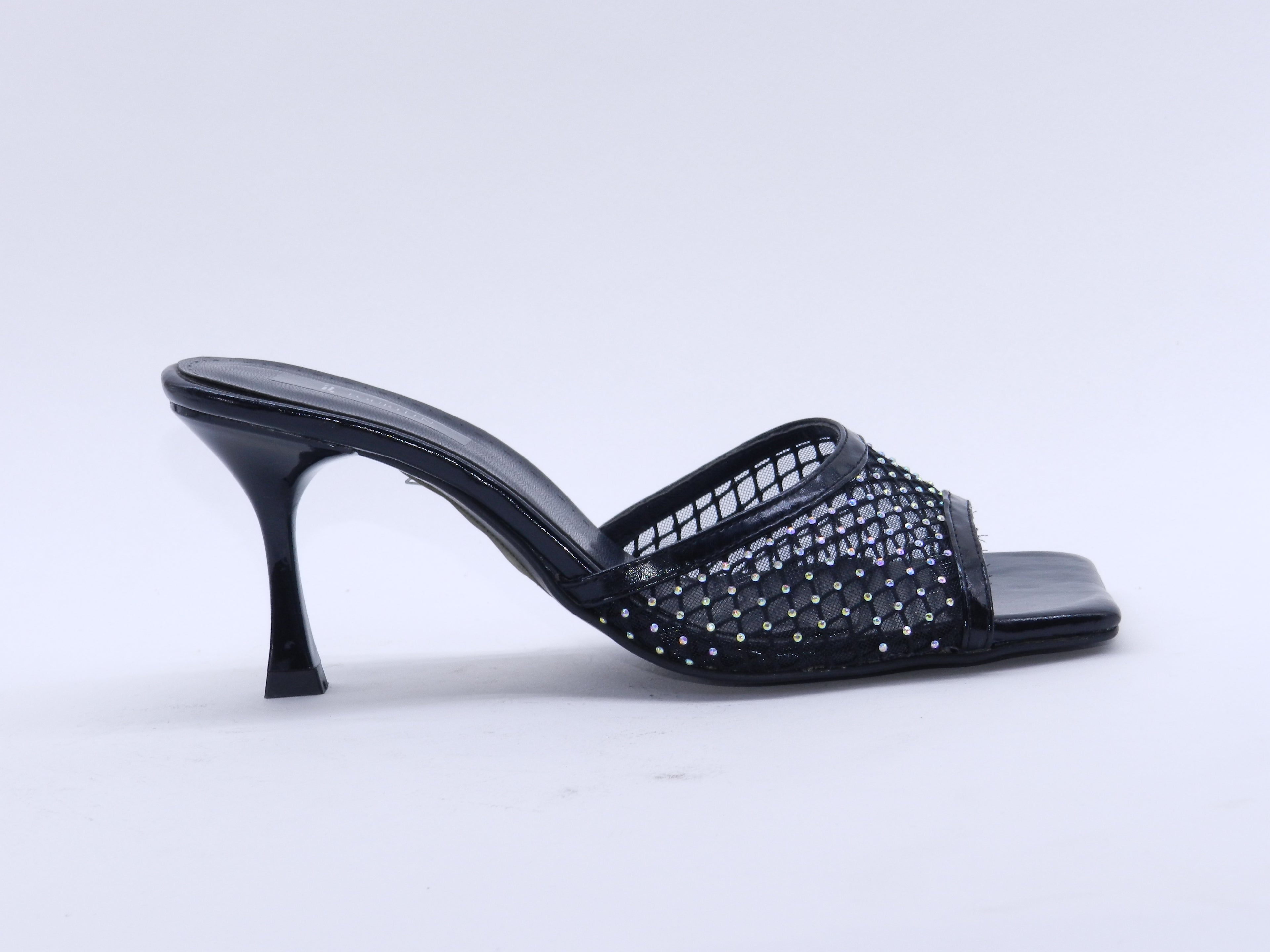 Women's Metallic Mesh Stiletto Heel Mule Slipper — Black
