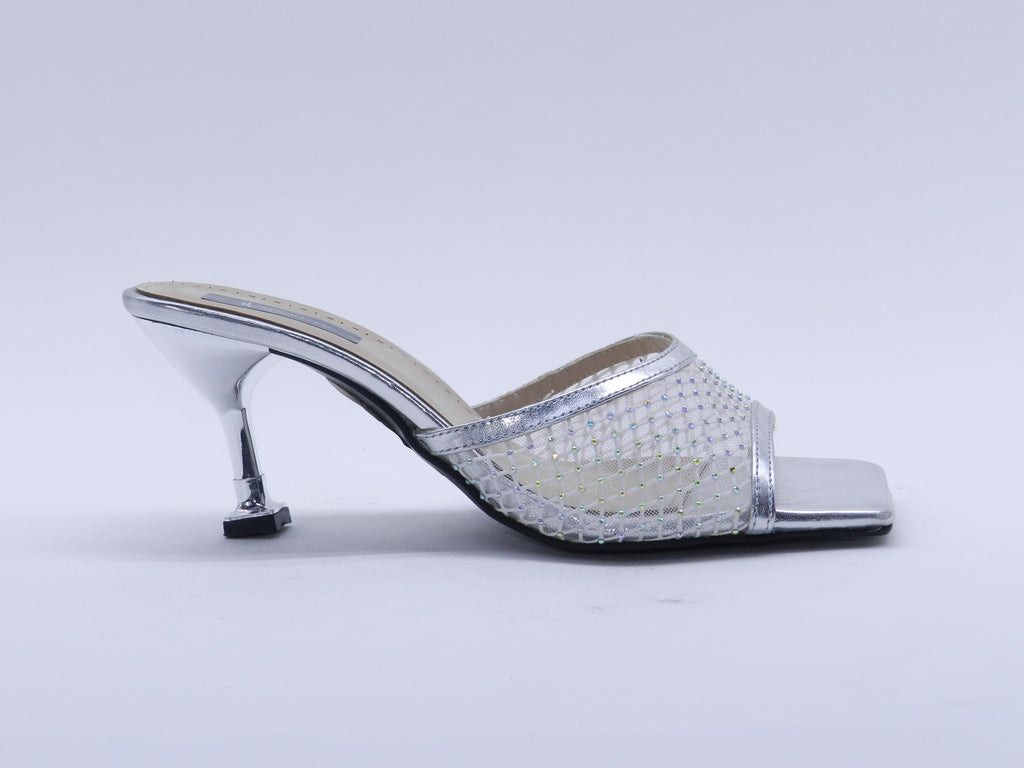 Women's Metallic Mesh Stiletto Heel Mule Slipper — Silver