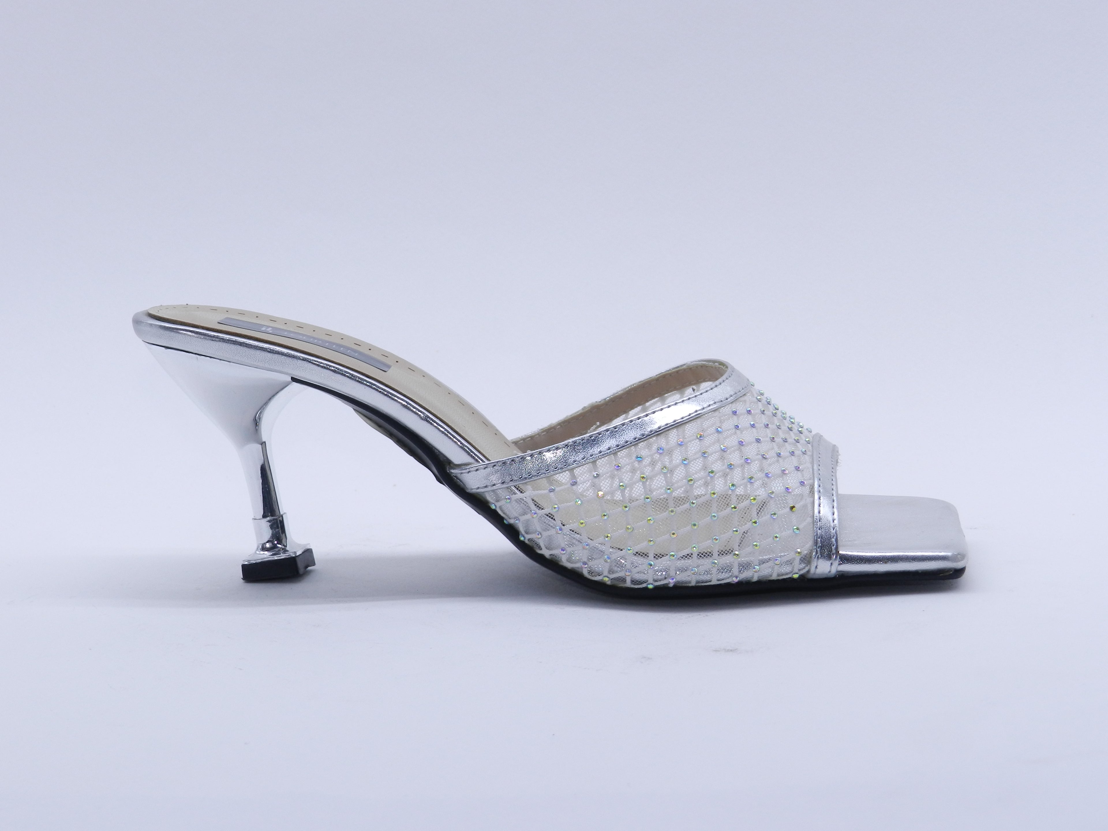 Women's Metallic Mesh Stiletto Heel Mule Slipper — Silver