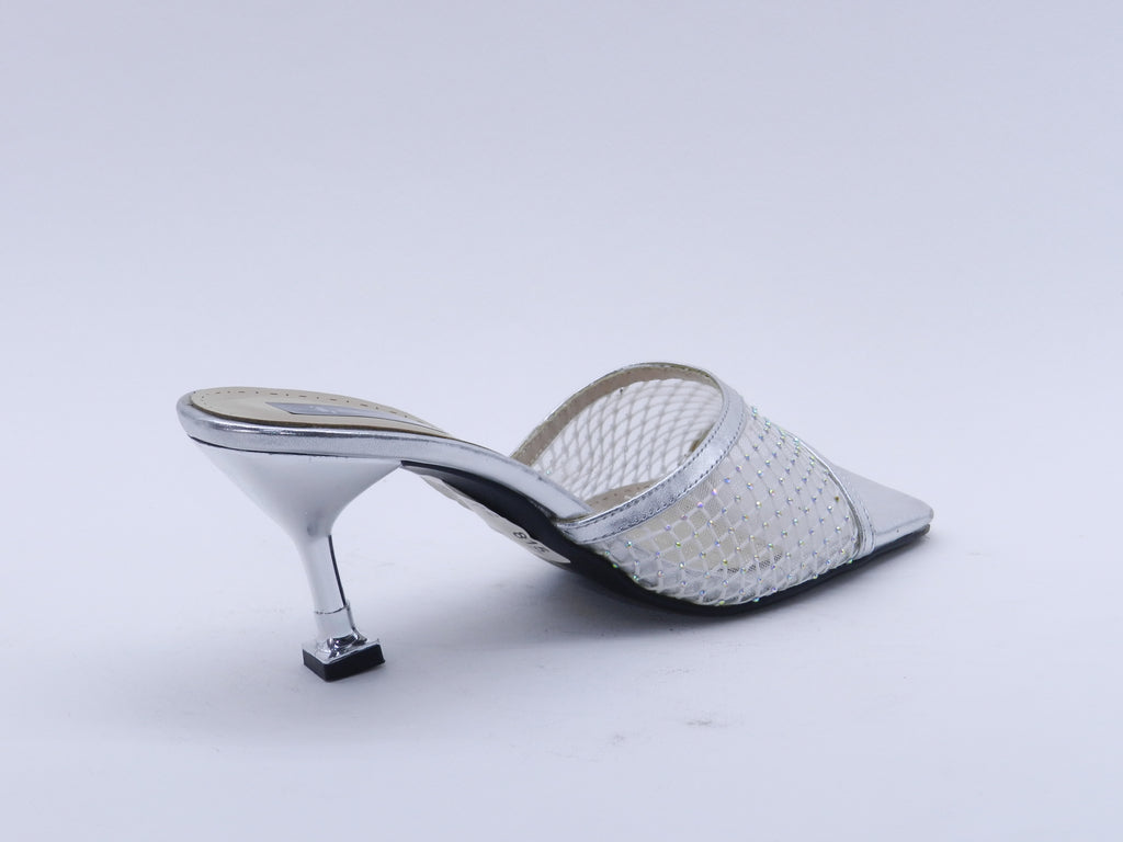 Women's Metallic Mesh Stiletto Heel Mule Slipper — Silver
