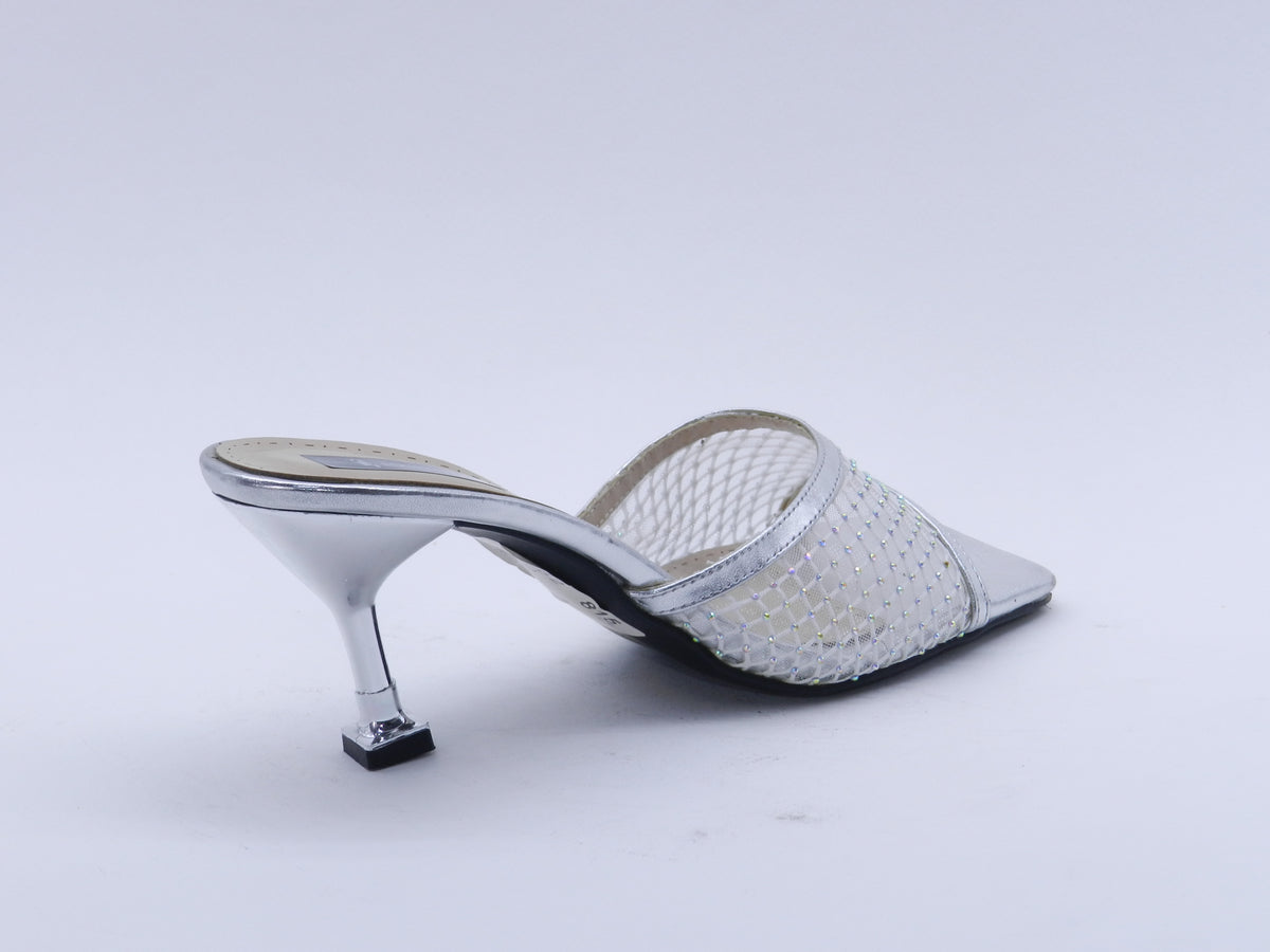 Women's Metallic Mesh Stiletto Heel Mule Slipper — Silver