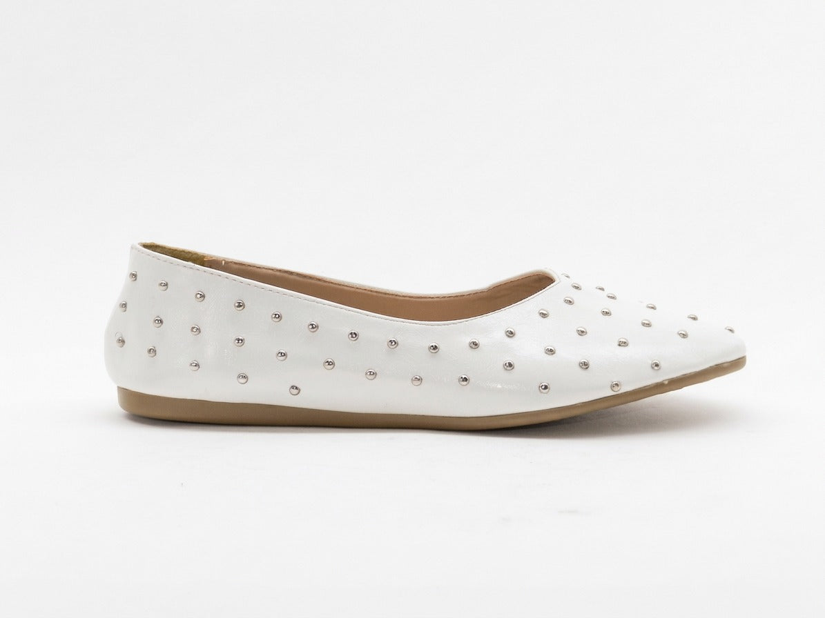 Women's Studded Pointed Toe Ballerina Flats — White​