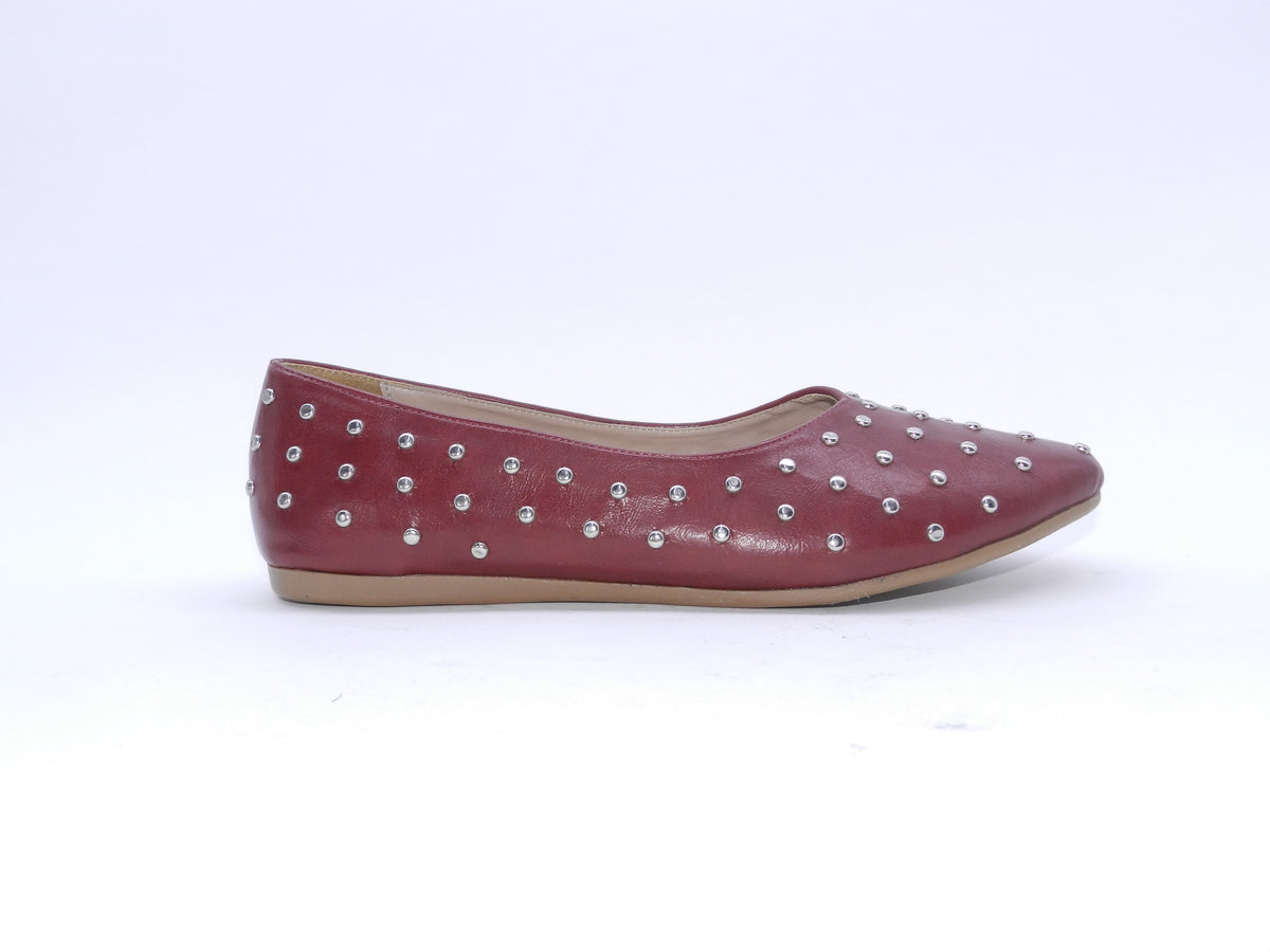 Women's Studded Pointed Toe Ballerina Flats — Burgundy