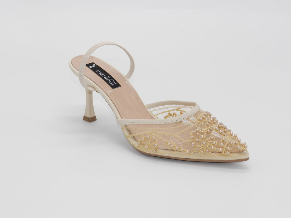 Women's Beaded Mesh Slingback Sabot — Beige