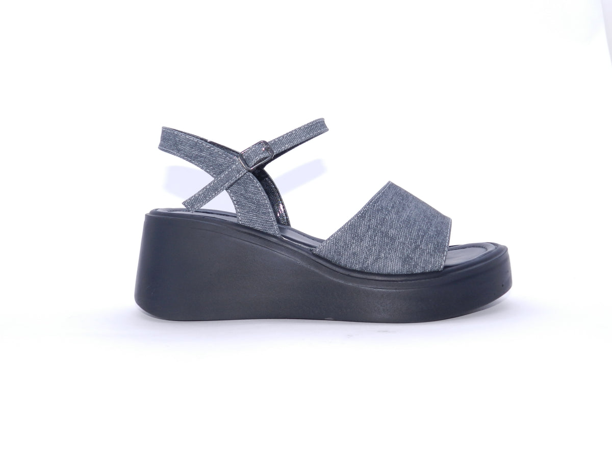 Women's Denim Platform Wedge Sandal — Black