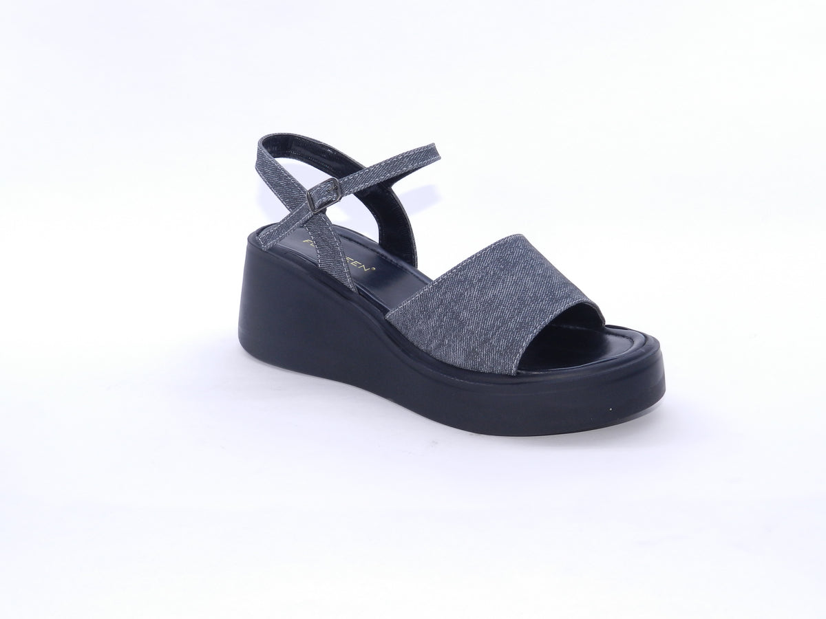 Women's Denim Platform Wedge Sandal — Black