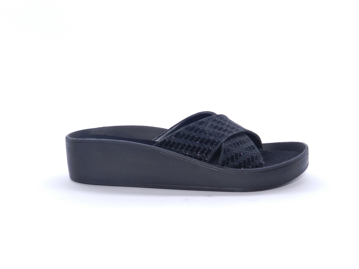 Women's Glitter Wedge Slip-On Slipper — Black