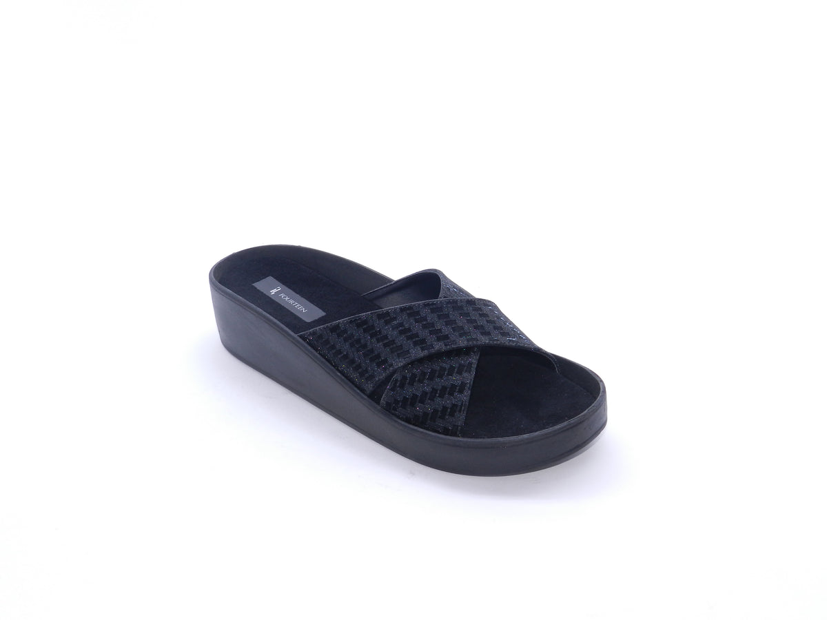Women's Glitter Wedge Slip-On Slipper — Black