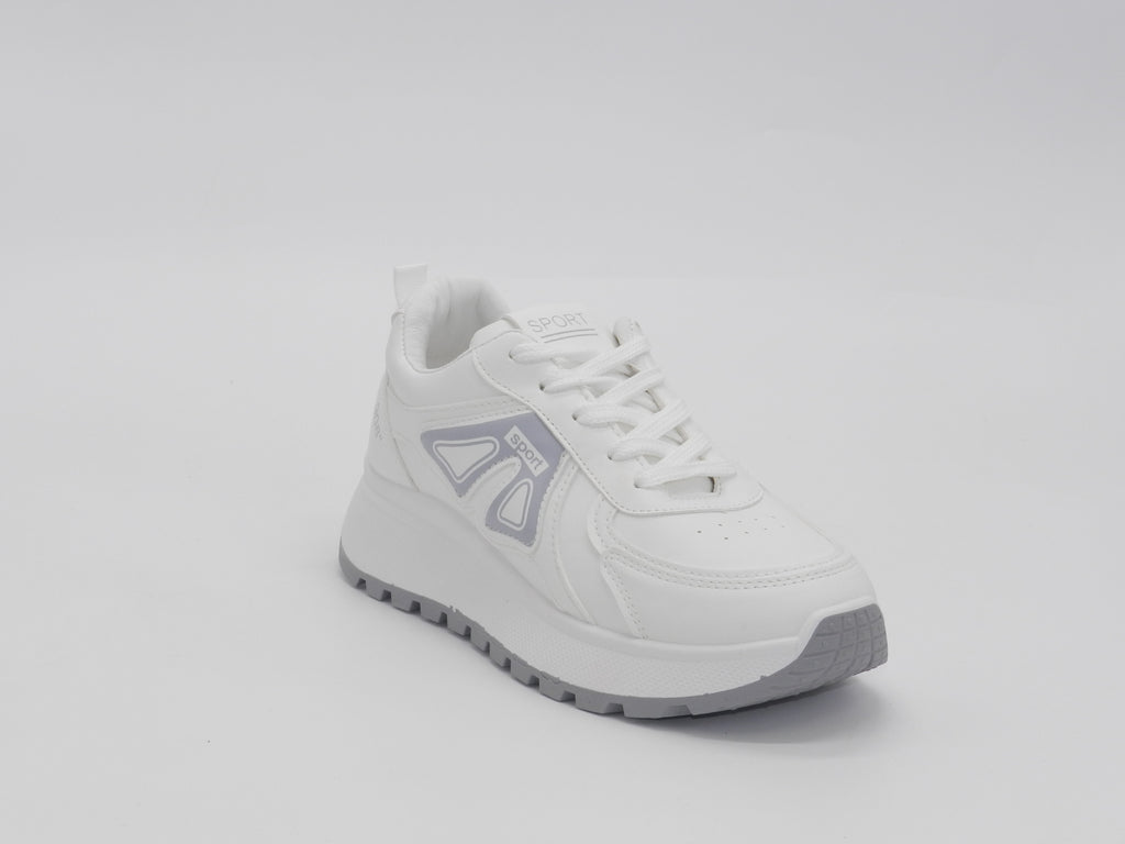 Women's Faux Leather Lace-Up Platform Sneakers — White/Grey