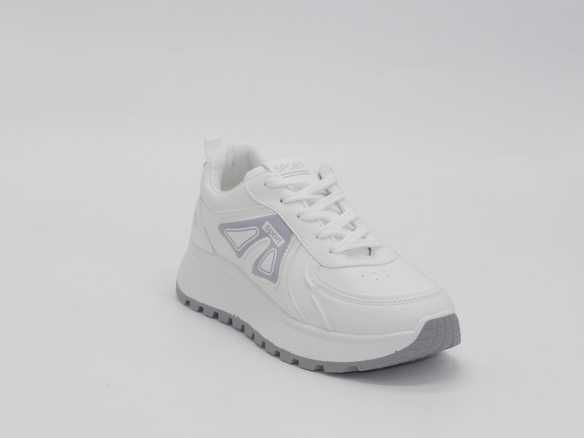 Women's Faux Leather Lace-Up Platform Sneakers — White/Grey
