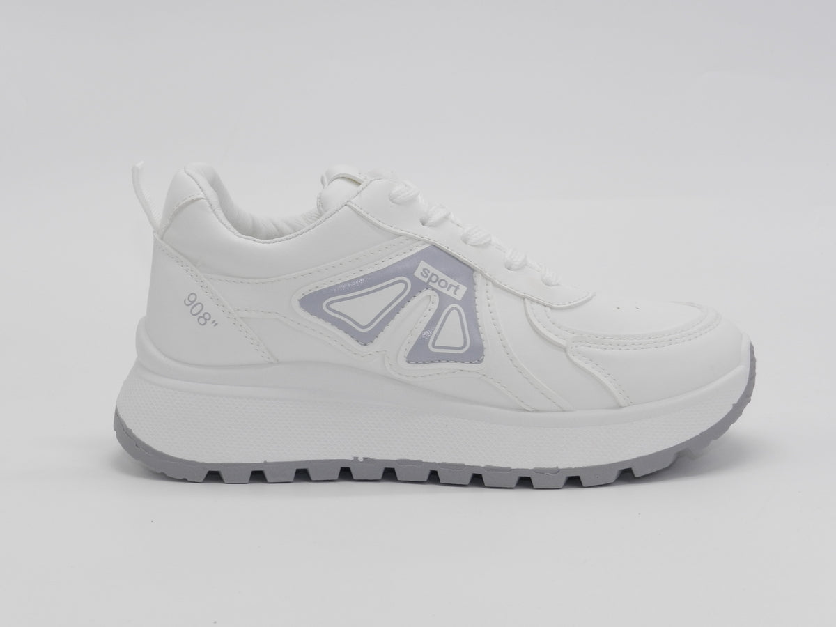 Women's Faux Leather Lace-Up Platform Sneakers — White/Grey