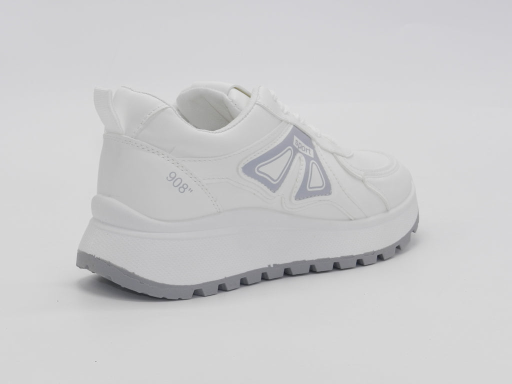 Women's Faux Leather Lace-Up Platform Sneakers — White/Grey