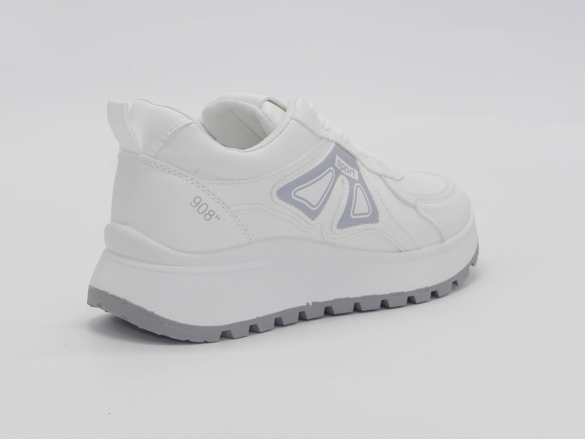 Women's Faux Leather Lace-Up Platform Sneakers — White/Grey