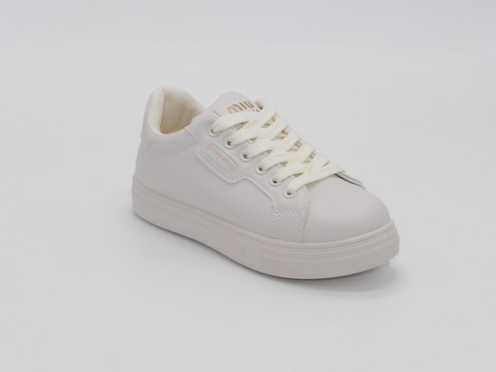 Women's Faux Leather Lace-Up Platform Sneaker — Beige