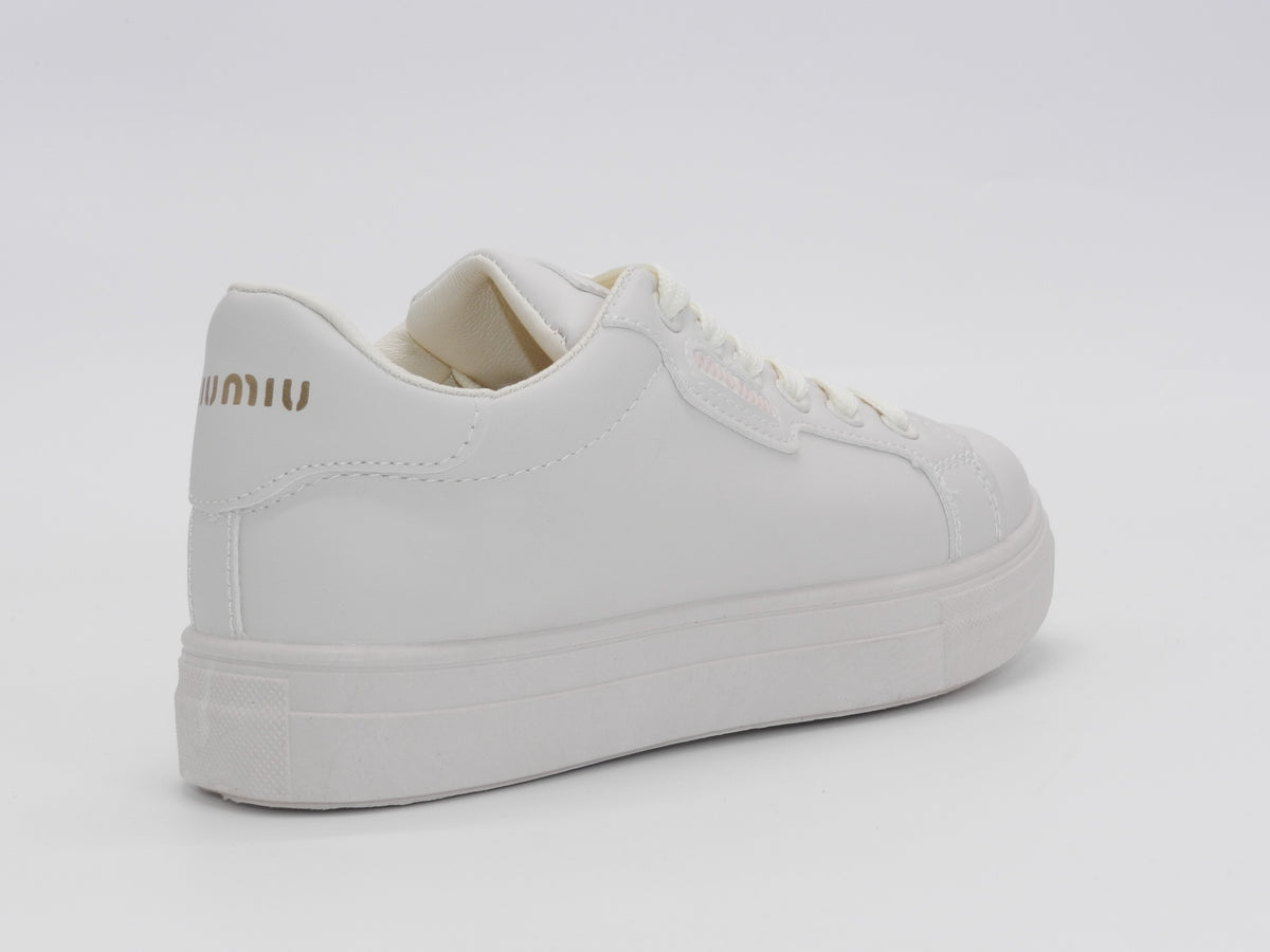 Women's Faux Leather Lace-Up Platform Sneaker — Beige