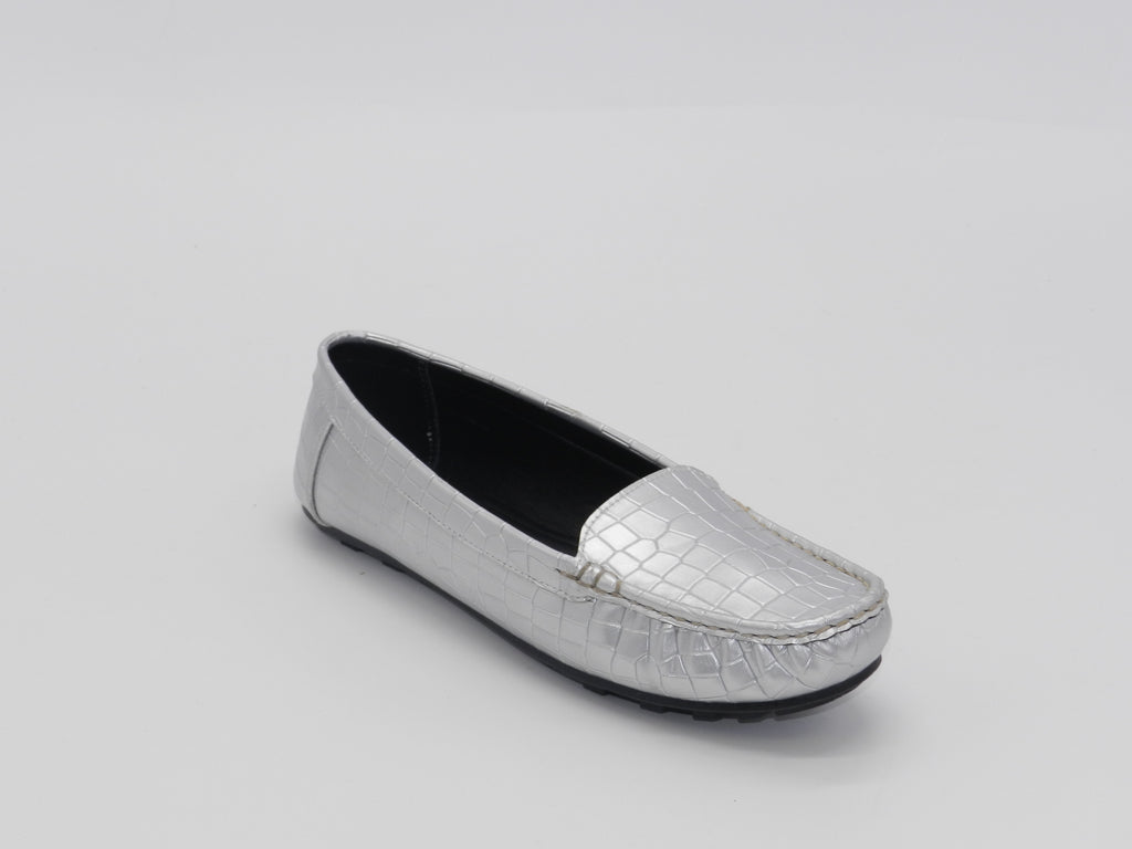 Women's Croc-Embossed Slip-On Loafer Flat — Silver