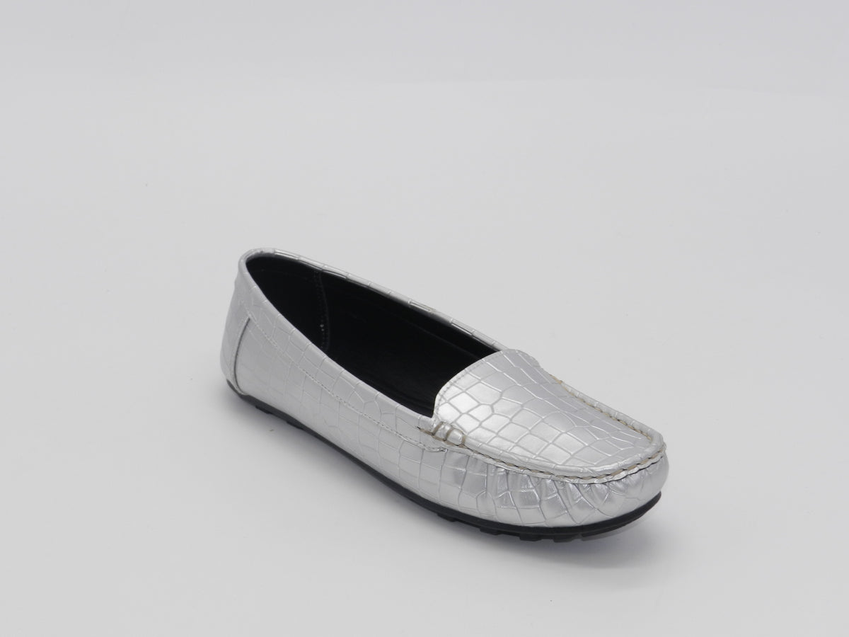 Women's Croc-Embossed Slip-On Loafer Flat — Silver