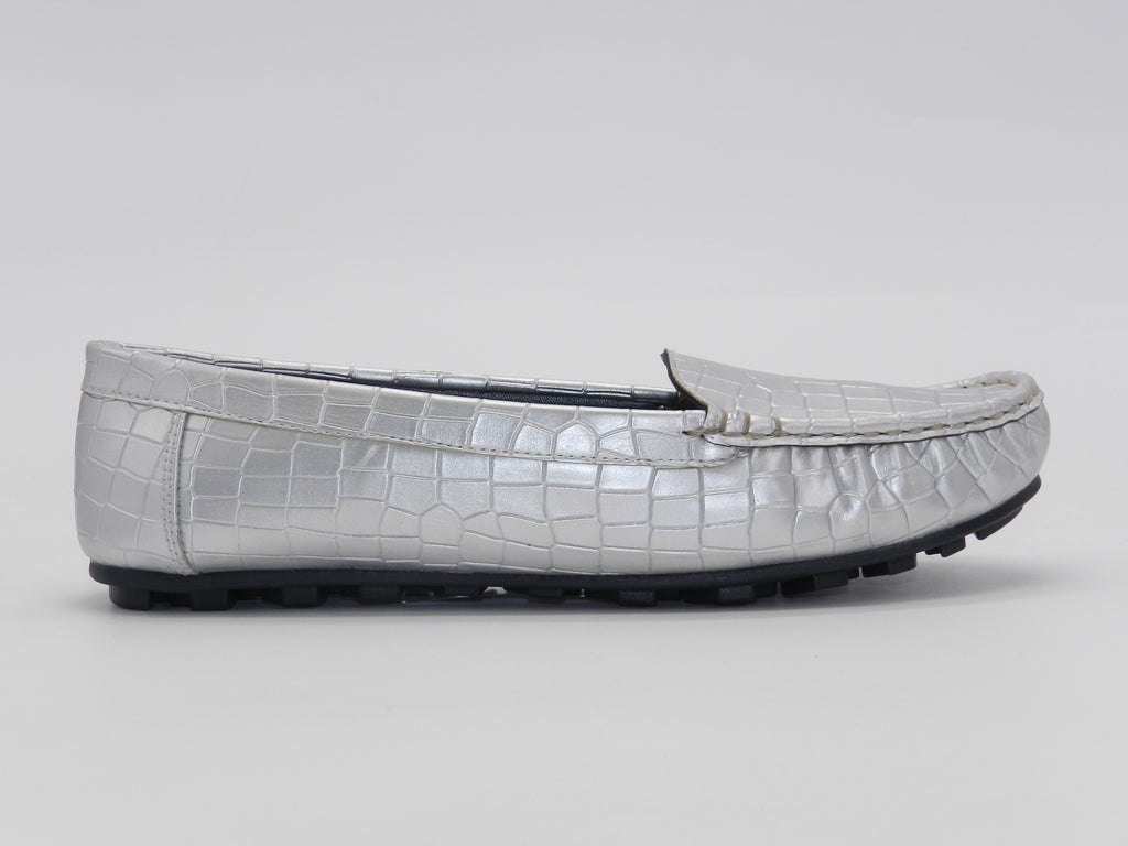Women's Croc-Embossed Slip-On Loafer Flat — Silver