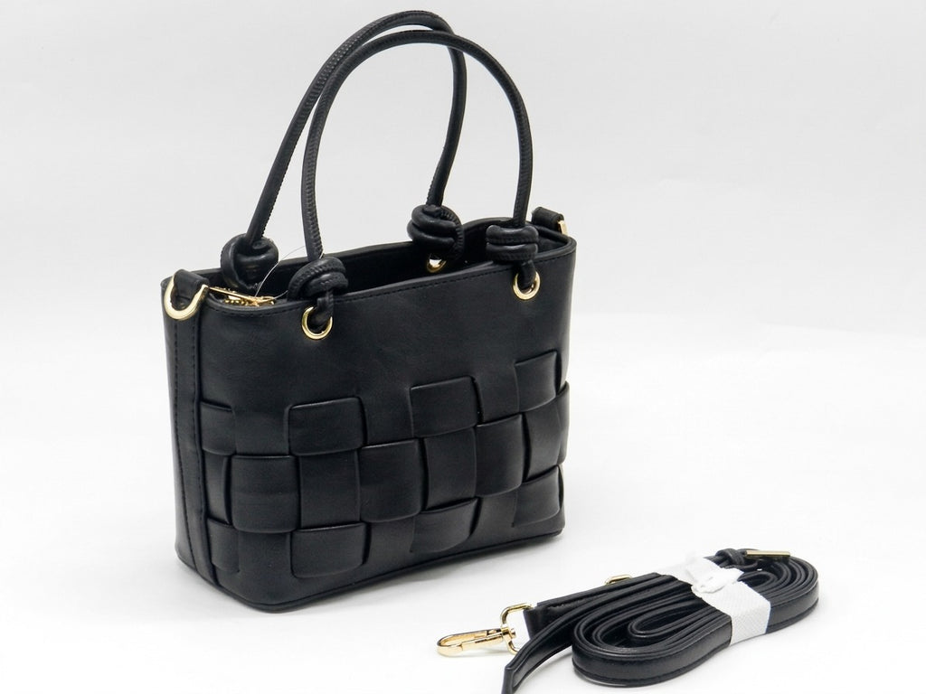 Women's Faux Leather Woven Tote Bag — Black​