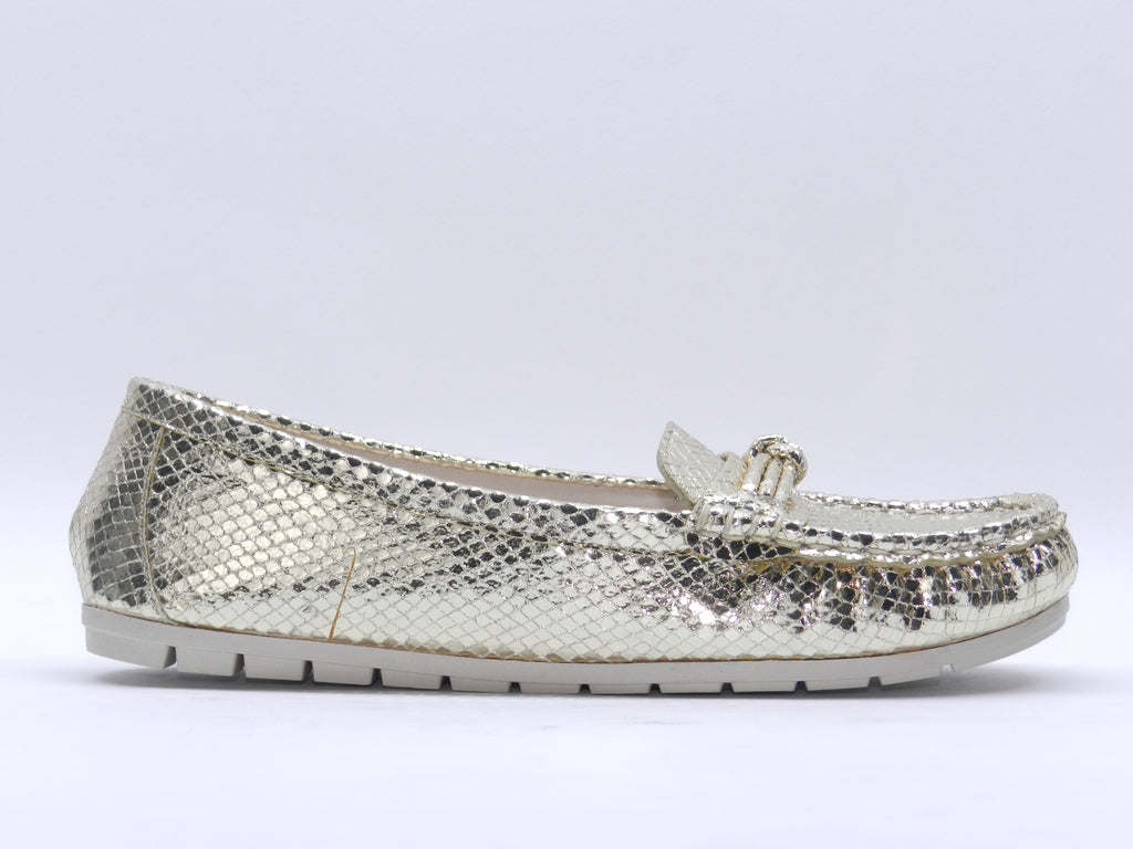 Women's Snake-Embossed Slip-On Flat — Lizard Gold