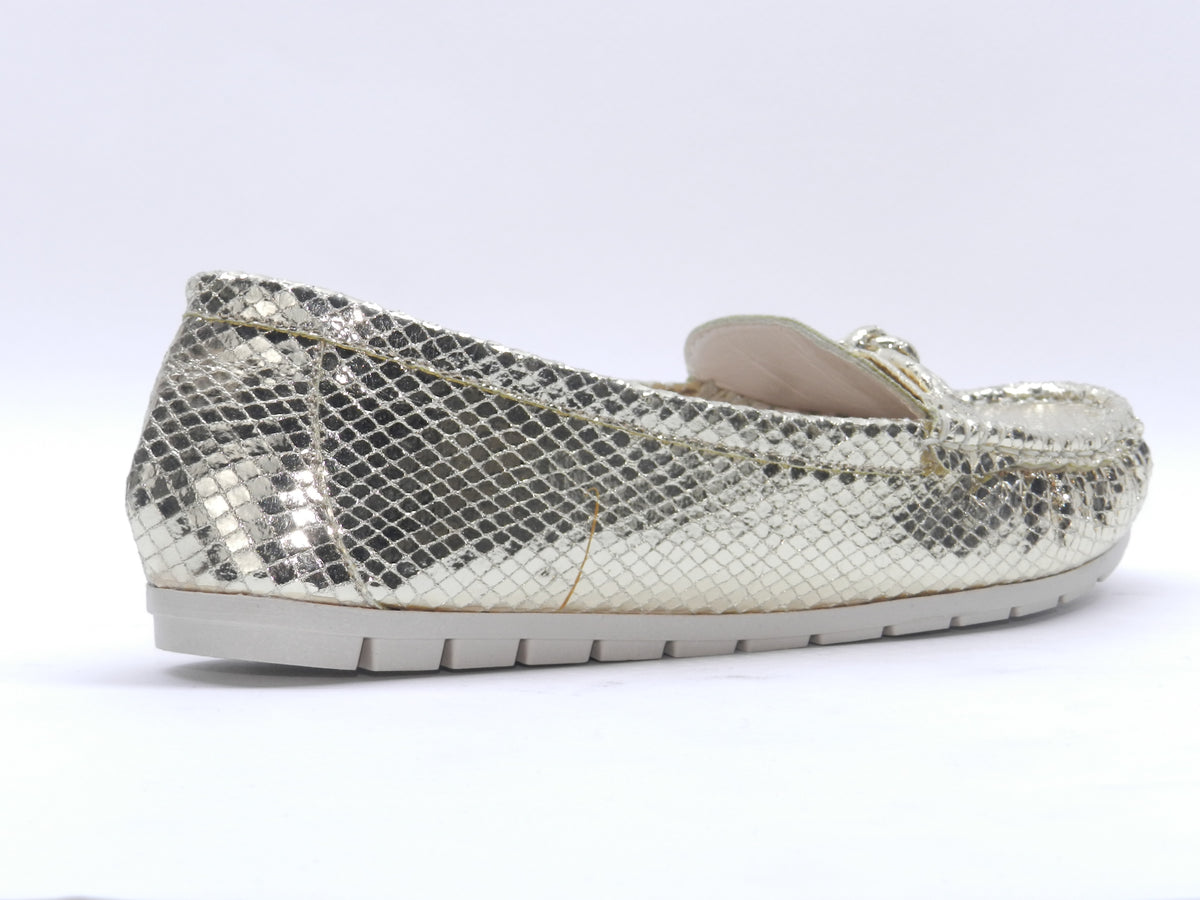 Women's Snake-Embossed Slip-On Flat — Lizard Gold